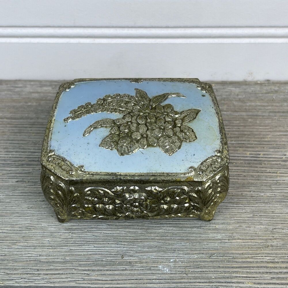 Silver Toned Metal Footed Jewelry Casket Red Velvet Lined Box Hinged Blue Lid